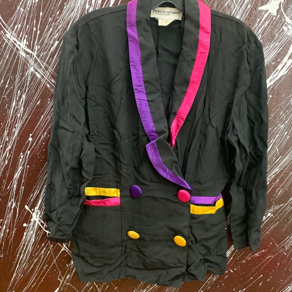 Vintage Francine Browner Blazer Black Pink Purple Neon Color Block 80s 90s S